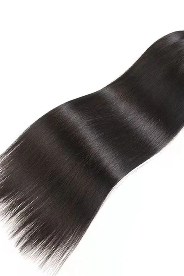 Close-up of a straight human hair weft with double stitching at the edge