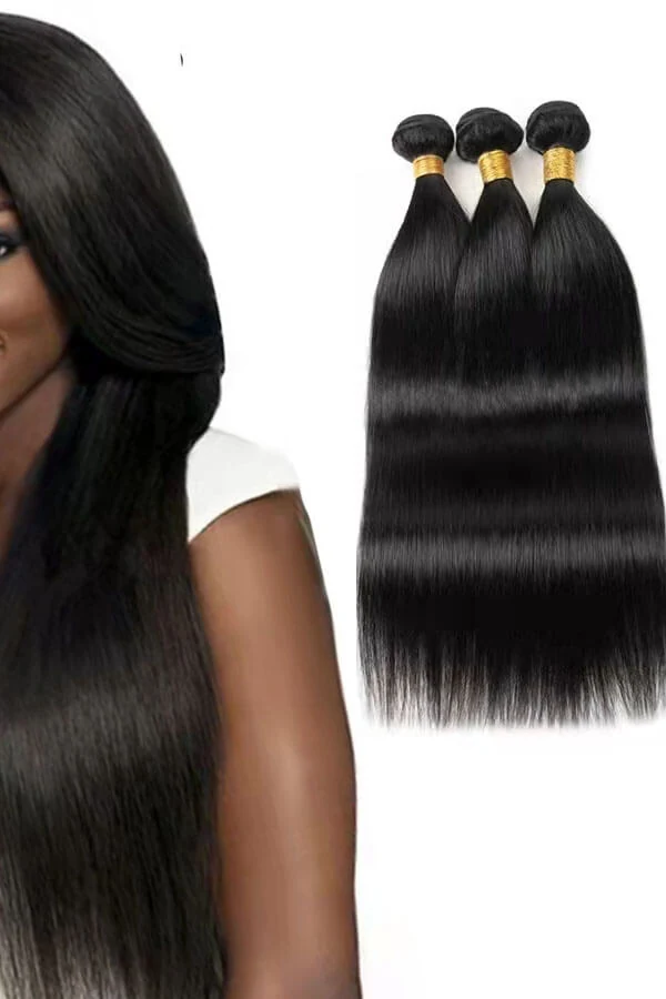 Straight human hair bundles laid flat showing the machine double weft construction