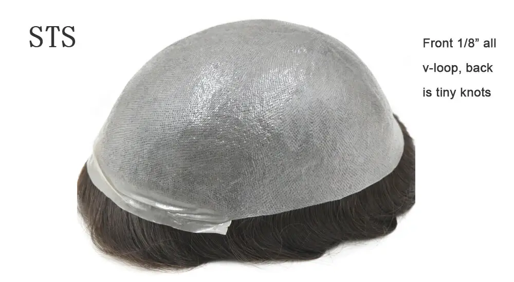 STS1B thin skin poly men's hair system shown from above with the front hairline visible
