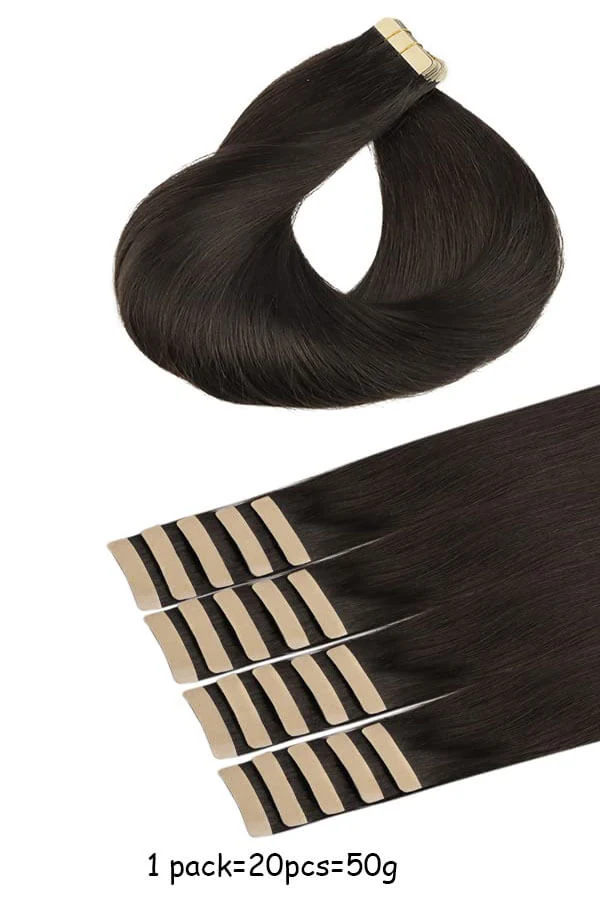 Close-up of the skin weft with tape applied, showing the thin, transparent adhesive and natural hair texture