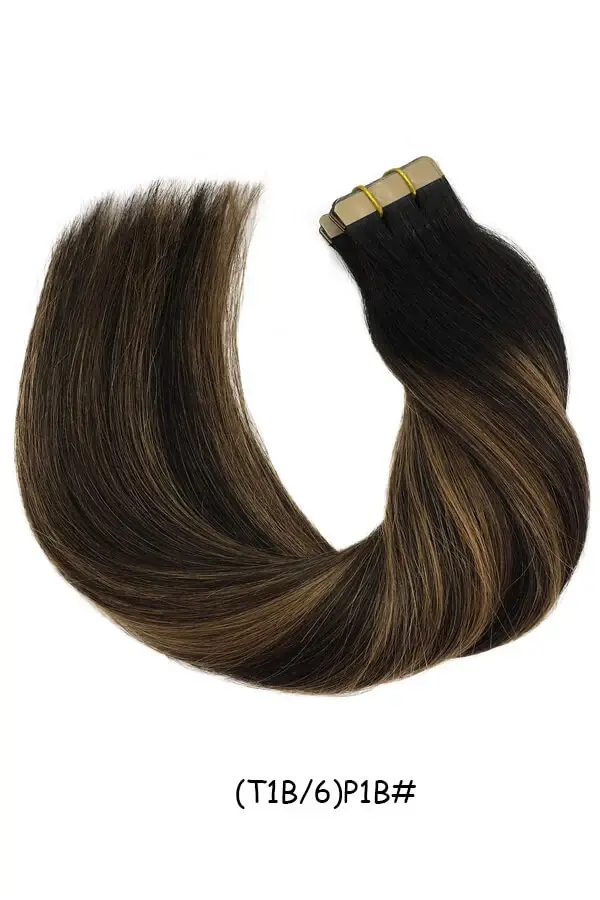 Close-up of the skin weft and tape attachment on a single extension piece