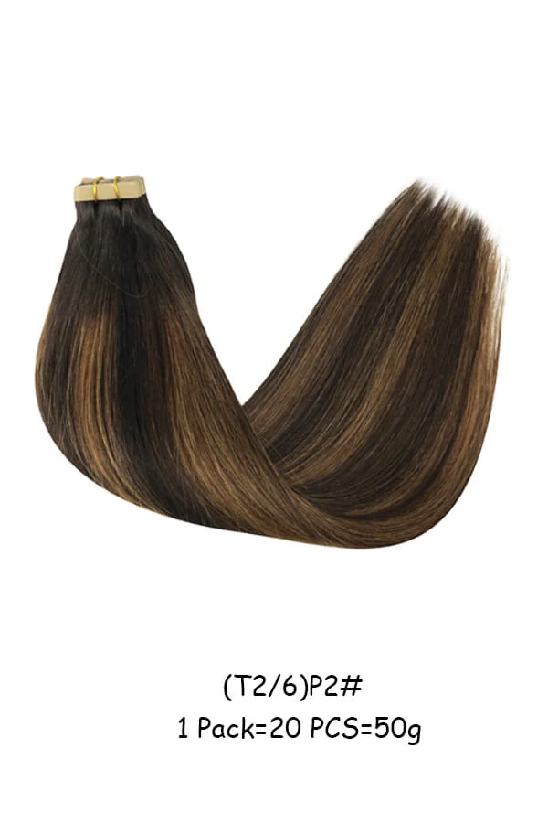 Tape in Hair Extensions Dark Brown Human Hair Skin Weft shown from above with the transparent tape visible