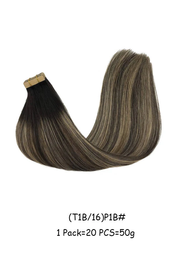 Tape in Hair Extensions Human Hair skin weft hair Tape 20pcs-(T1B/16)P1B# shown from above with the transparent tape visible