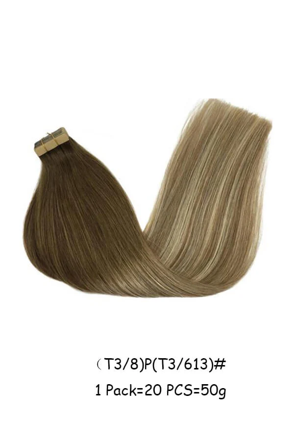 Tape in hair extensions shown laid flat with 20 wefts visible, each 1.5 inches wide