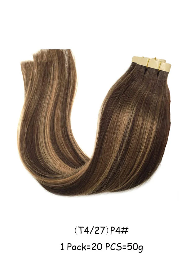 Tape in hair extensions with 20 individual wefts laid out flat, showing the transparent tape and straight hair texture