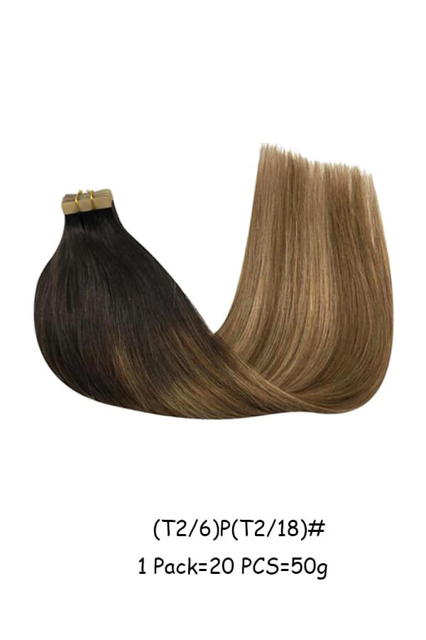 Tape-in hair extensions shown in a pack with 20 wefts laid out flat, tape side visible