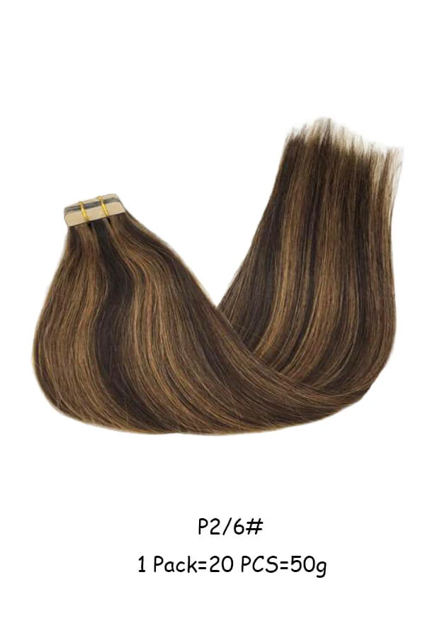 Tape in Hair Extensions 20pcs-P2/6# shown laid flat with the transparent tape visible on the skin weft