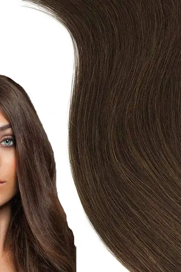 Tape-in hair extensions in 4# colour shown laid flat with transparent tape visible on one side