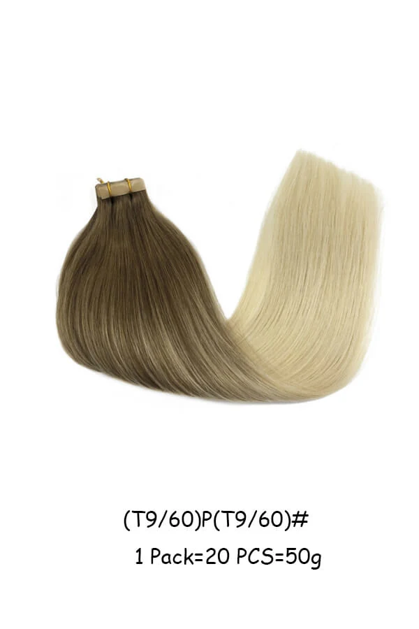 Tape in hair extensions shown laid flat with the transparent tape visible on both sides of the skin weft