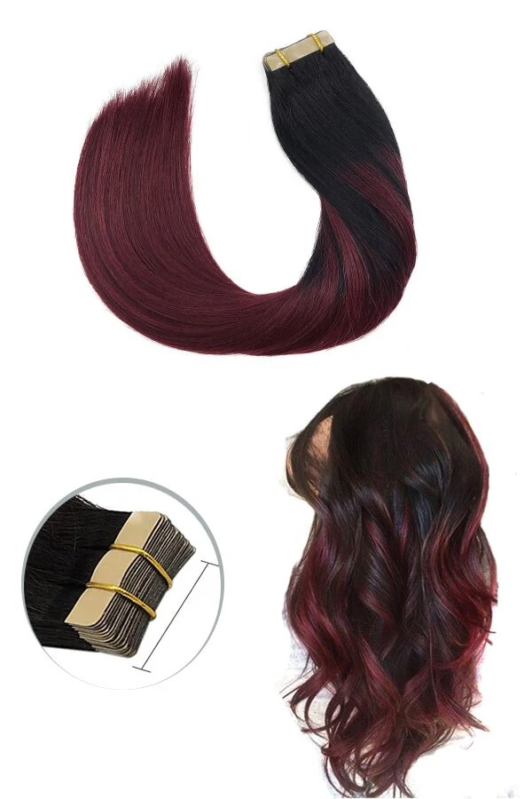 Tape-in hair extensions with skin weft backing shown from above, 20 individual wefts laid out in a row