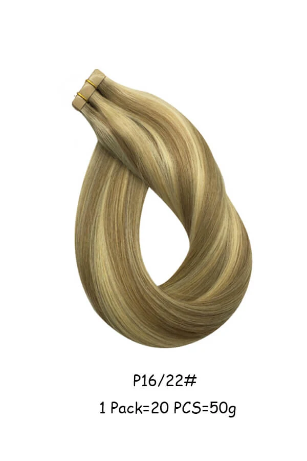Tape in Hair Extensions Human Hair skin weft hair Tape 20pcs-P16/22# shown on a display head