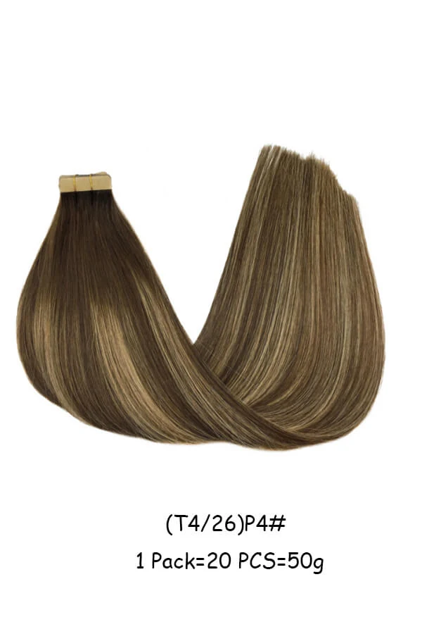Tape-in hair extensions shown laid flat with 20 individual wefts and transparent tape visible