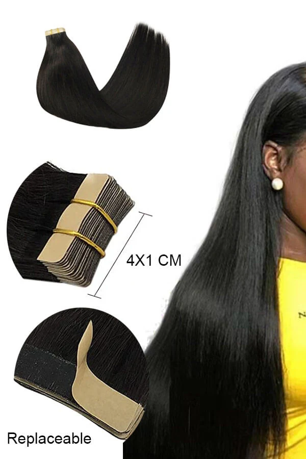 Tape in Hair Extensions Natural Black Human Hair skin weft hair Tape 20pcs-1B# shown from above with the transparent tape visible