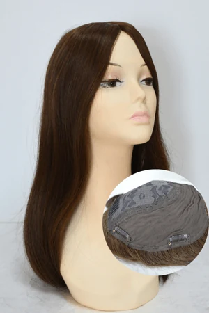 AURA silk top hair topper shown from above with the front hairline visible and natural parting