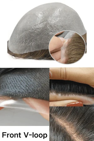 Front view of a front V-loop thin skin hair system showing the 1/8 inch V-loop knots at the hairline