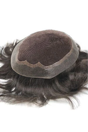 HairNotion Durable Toupee Hair Replacement For Men #1B shown from above with the front hairline and folded net visible