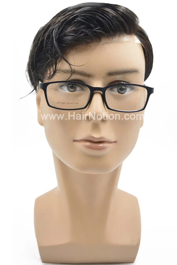 STYPE-IT: Pizzo Svizzero con PU Hairpiece di Capelli Umani per Uomo shown on a display head