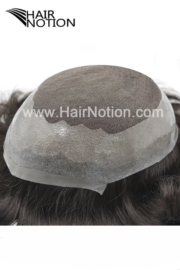 STYPE-DE men's hair system shown from above with the Swiss lace front and circular skin base visible