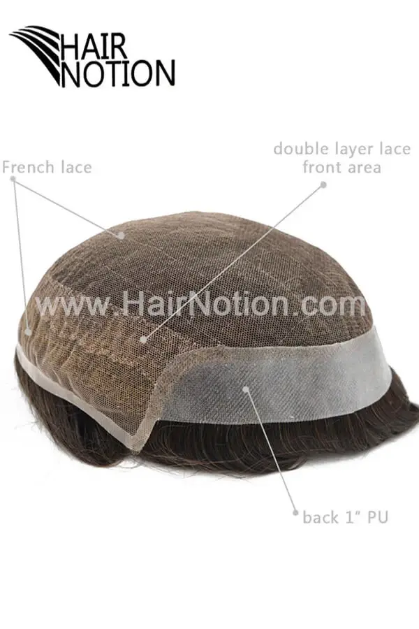 Q7-IT men's hair system with French lace front and skin back shown from above with the front hairline visible