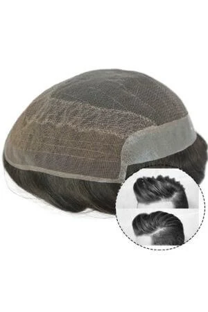 Q7-DE French lace men's hair system shown from above with the front hairline visible