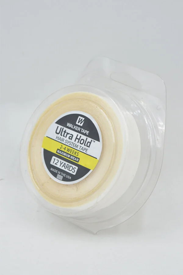 Side view of the tape roll showing the clear adhesive layer and white liner