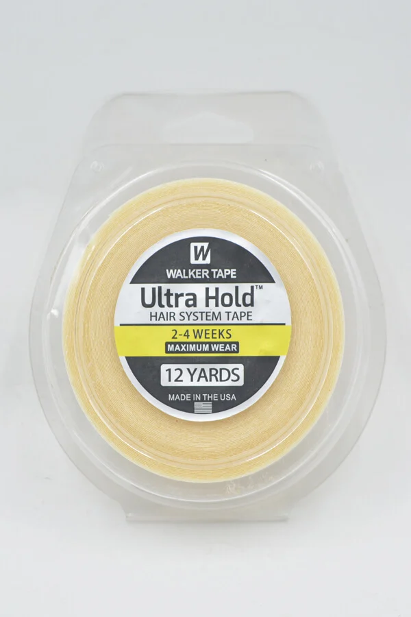 Ultra Hold double-sided hair system tape roll, 1 inch wide, 12 yards long, shown with white liner peeled back to reveal adhesive