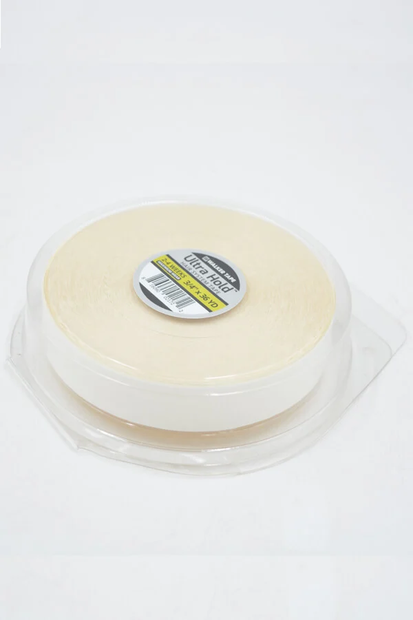 Roll of tape laid flat on a surface with the product name and dimensions clearly visible