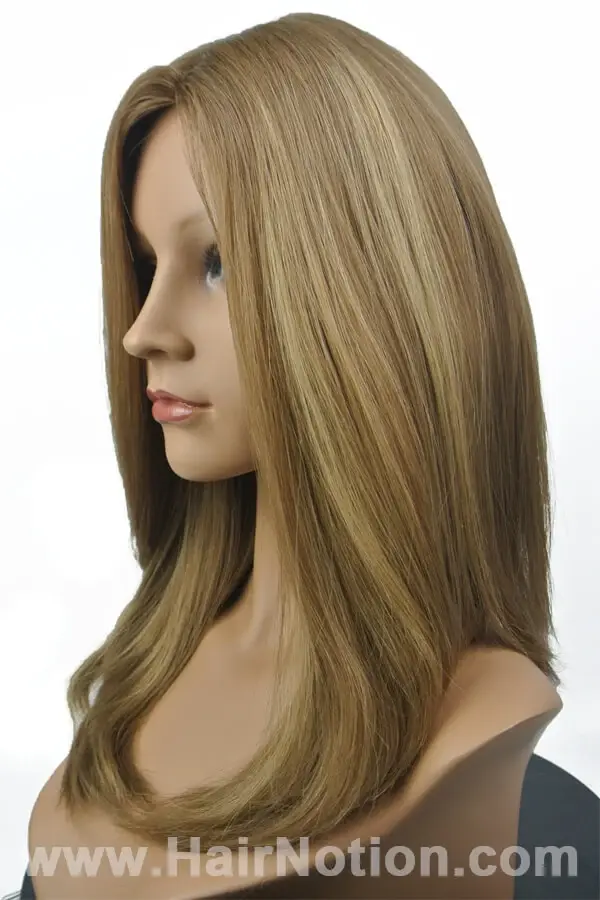 Venas wig styled on a mannequin head showing the 21 inch length and natural straight style