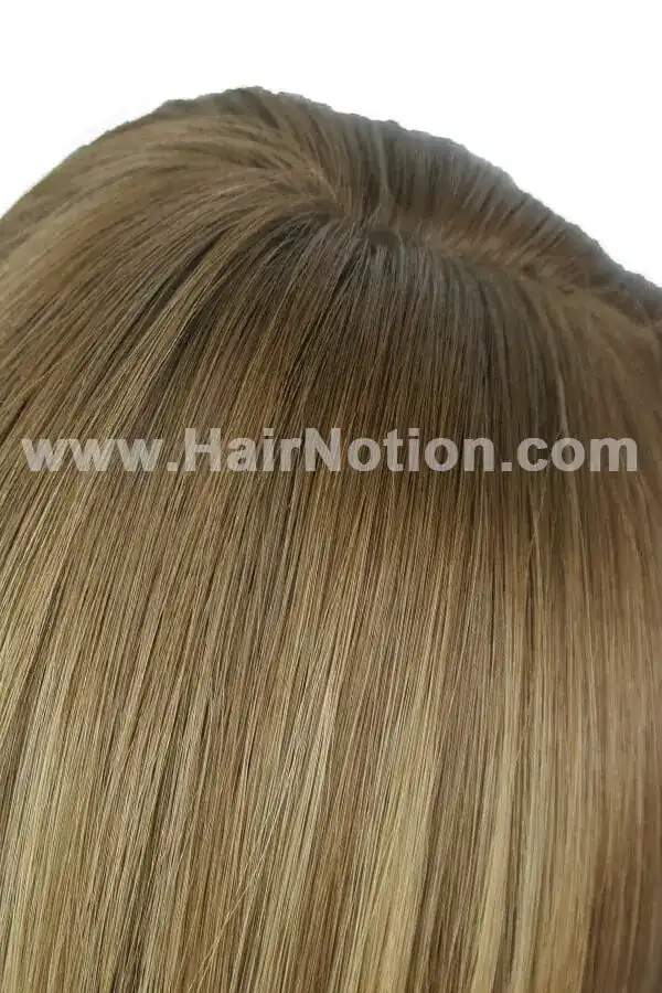 Close-up of the Venas lace front wig showing the dark-rooted natural transition