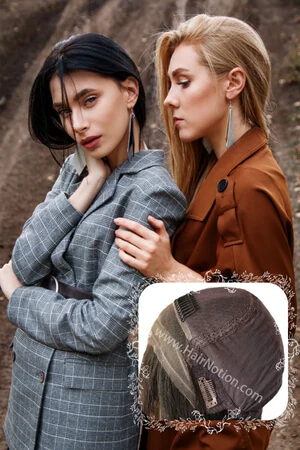 Venas lace front Jewish women wig shown from above with the natural straight hairline visible
