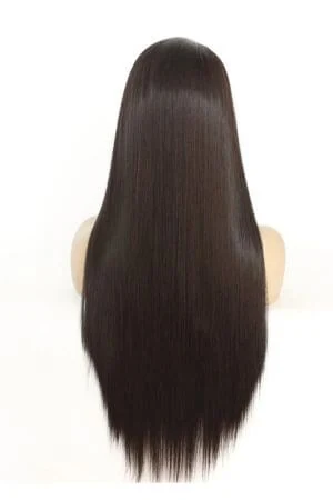 LILIYA wig styled on a mannequin head showing the natural straight texture and full coverage