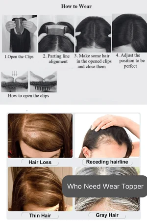 Step-by-step guide showing how to wear a silk top hair topper