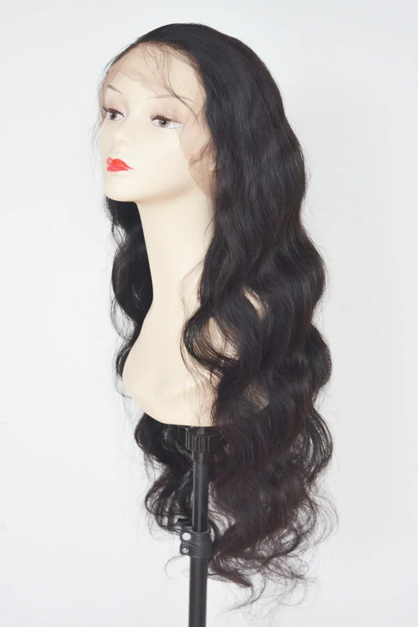 Side view of the full lace wig showing the natural movement and lace edge at the hairline
