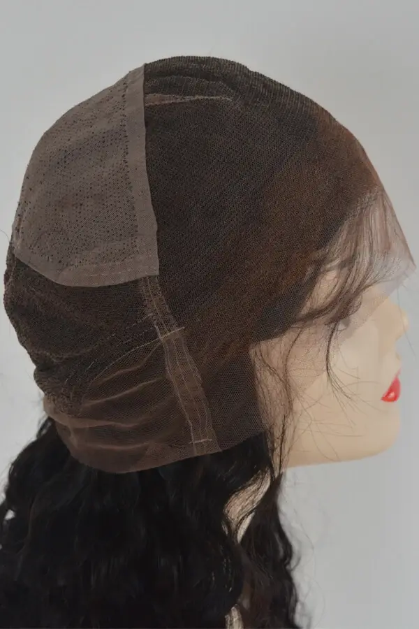 Close-up of the deep body wave texture and natural hairline on the front of the wig