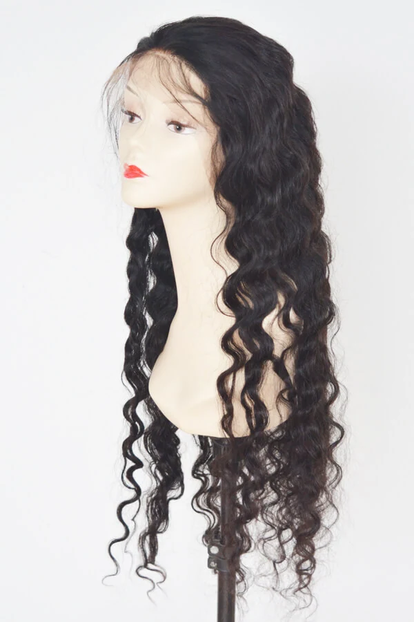 Women's full lace wig with 28 inch deep body wave hair shown from above, side part visible