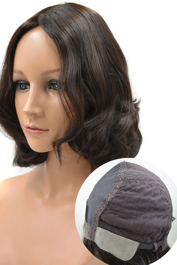 Women's hair system on full Swiss lace base shown from above with the front hairline visible