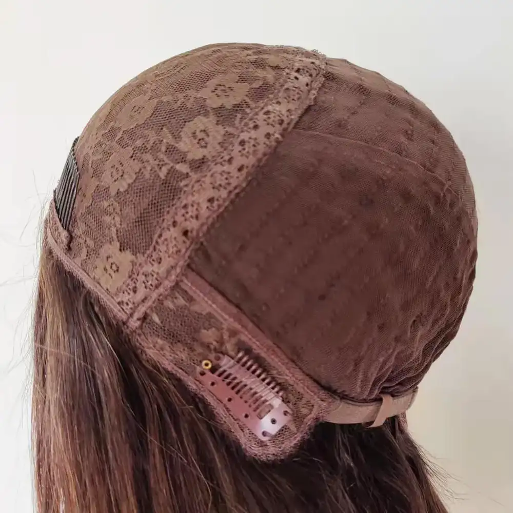 Wig displayed on a stand with the hair flowing down, showing length and volume