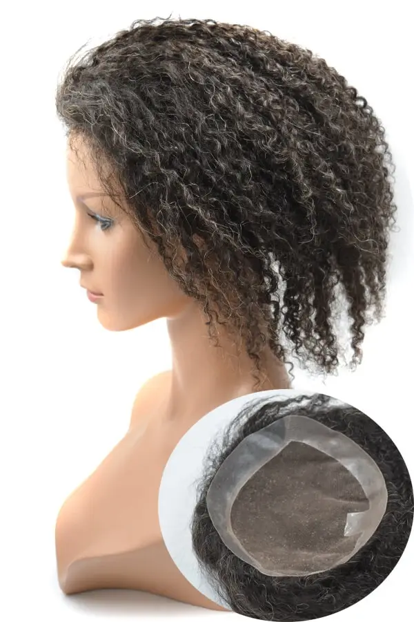 Women's topper on full Swiss lace base shown from above with the front hairline visible