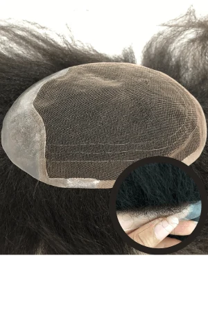 YHSL skin front lace men's toupee shown from above with the V-loop front visible