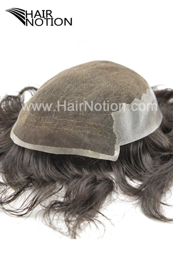 C-Q6 French lace men's hair system shown from above with the front hairline and bleached knots visible