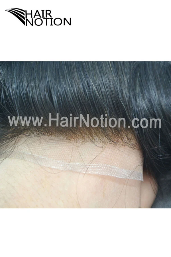 AN-IT men's hair system with front lace and fine mono top shown from above, front hairline visible