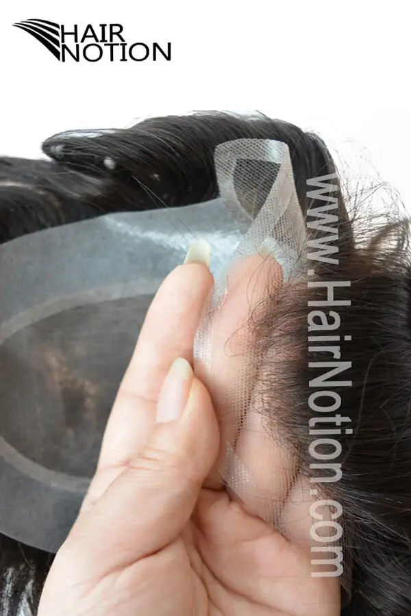Z-3PCS E-AN lace front mono men's hairpiece shown from above with the front hairline visible