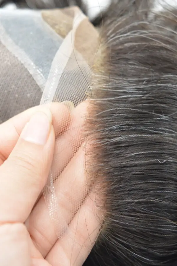 SKY-IT lace front mono top men's hair system shown from above with the front hairline visible