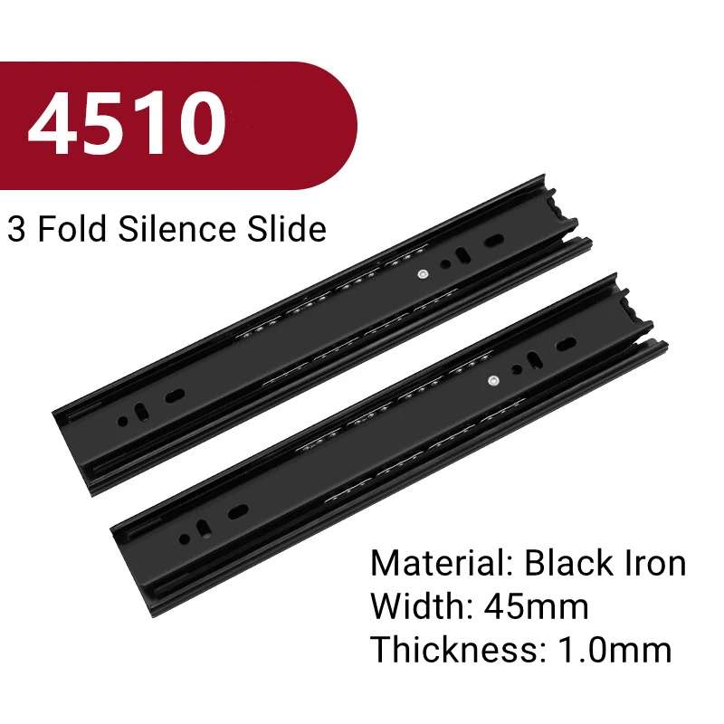 Three fold silent drawer slide in 45 mm black iron