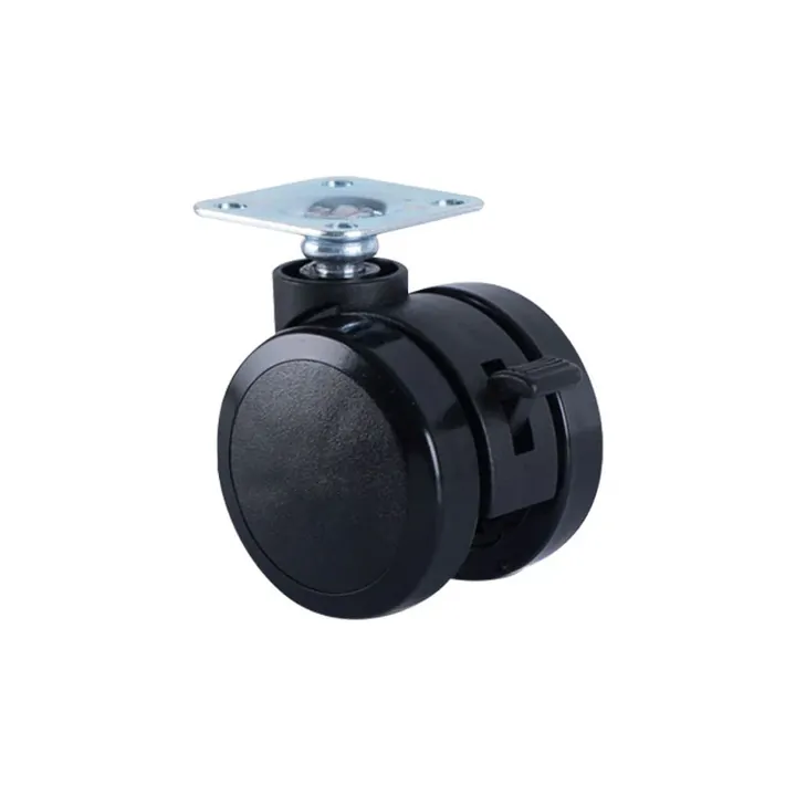 Twin wheel swivel furniture caster with a plate fitting