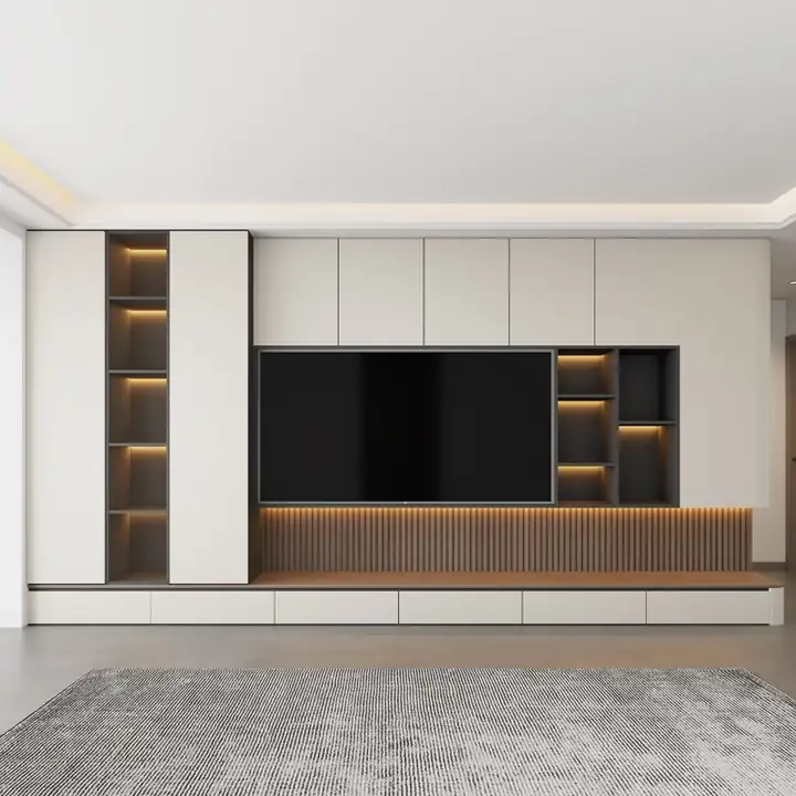 Modular living room media wall with lit display bays