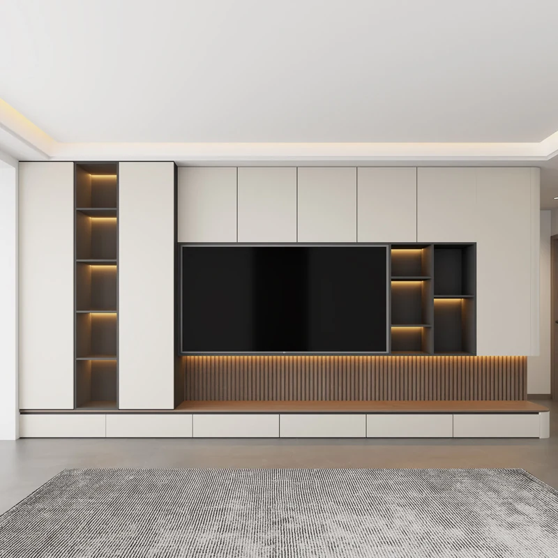 Modern living room media wall with a mounted screen open display shelving and a low storage run