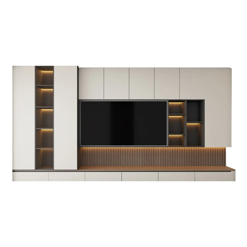 Modern living room media wall with a mounted screen open display shelving and a low storage run
