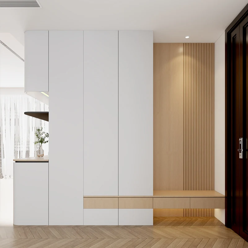 Modern living room media wall with a mounted screen open display shelving and a low storage run