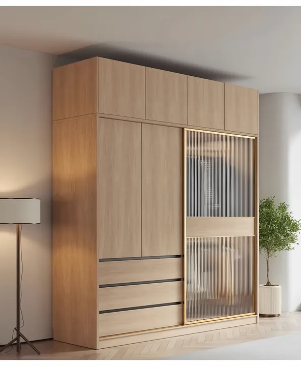 Oak finish sliding wardrobe showing panel door glass and open shelving
